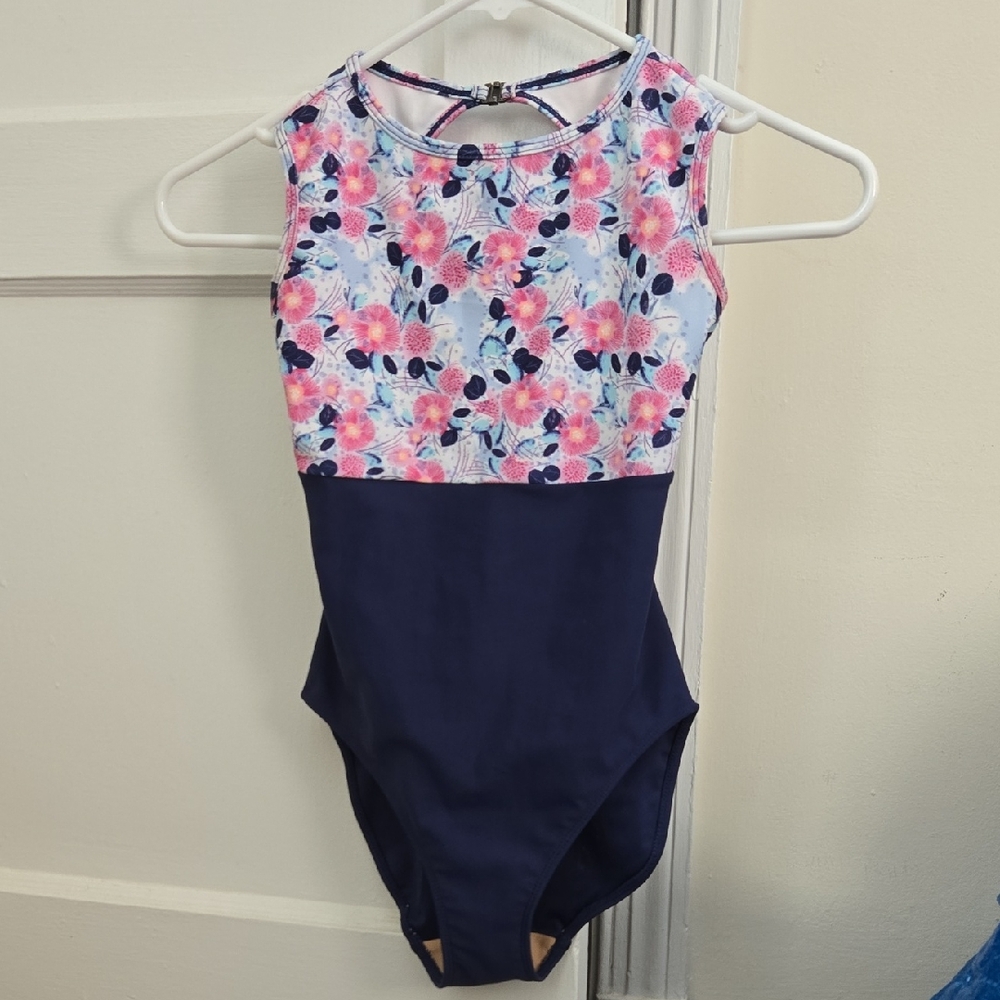 Chic Ballet Floral and Navy Blue Sleeveless Leotard Childs Medium